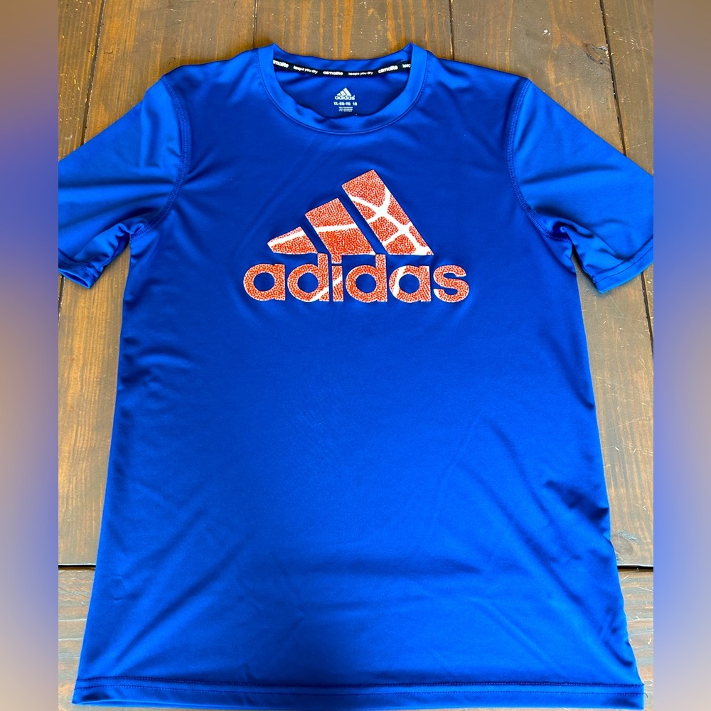adidas Climalite Boy T-Shirt XL 18 Blue Graphic Print Logo Sports Outdoor School